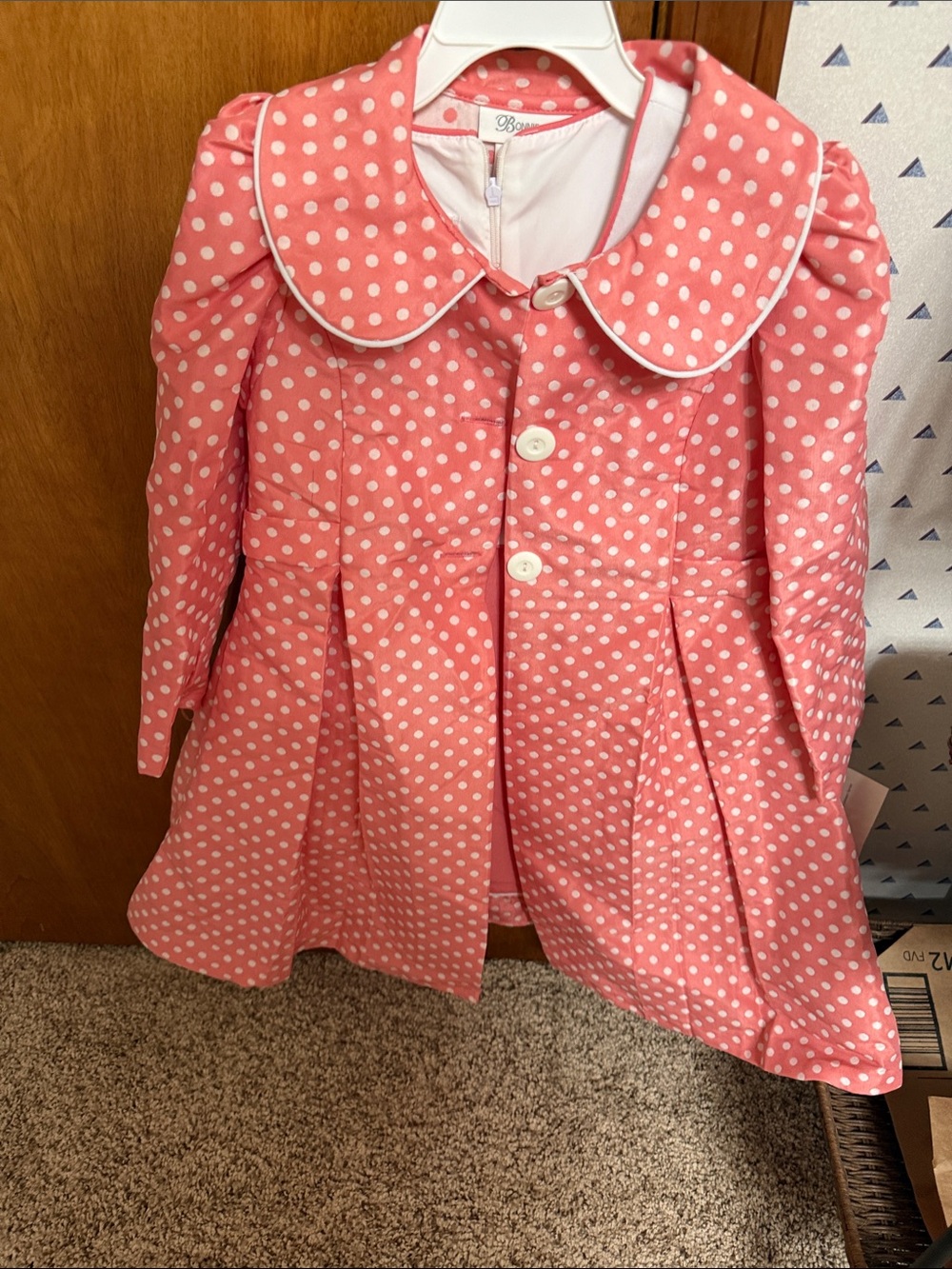 Bonnie Jean Coral Pink Polka Dot Girls' Pea Coat with Peter Pan Collar and dress